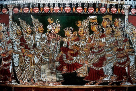 18th century Ramayana epic murals fresco painting on Bodi Zamin palace walls in Bodinayakanur