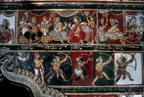 18th century Ramayana epic murals fresco painting on Bodi Zamin palace walls in Bodinayakanur