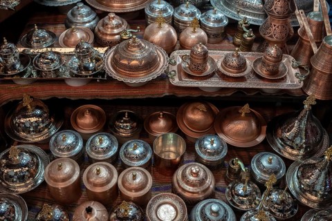 Copper souvenirs in bakircilar bazaar of Gaziantep