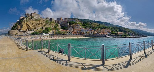 Panorama on the harbour promenade of Pizzo with town view and the medieval castle of Murat