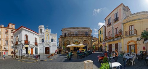 Piazza della Rebubblica with old historical house facades and the church Chiesa dellImmacolata of the town of Pizzo