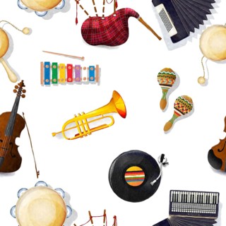 Seamless pattern with musical instruments in watercolors over white background