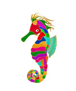 Watercolor style drawing of stylized seahors over white background