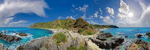360 panorama on the sandy beach Capo Vaticano and bay with turquoise sea and bizarre sky