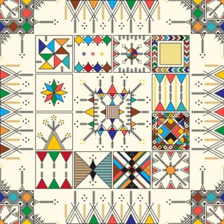 Decorative geometric repeating pattern inspired by Al-Qatt Al-Asiri traditional paintings