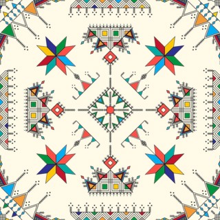 Decorative geometric repeating pattern inspired by Al-Qatt Al-Asiri traditional paintings