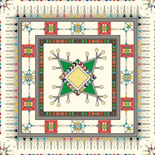 Decorative geometric repeating pattern inspired by Al-Qatt Al-Asiri traditional paintings