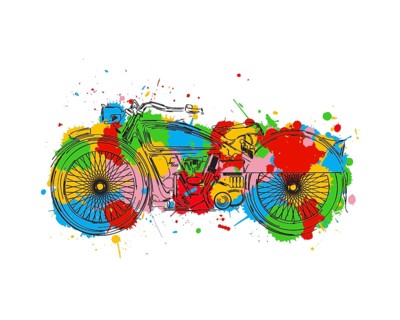 Stylized vintage motorcycle sketch and color splats over white background. Vector illustration