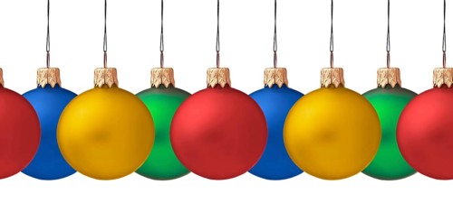 Row pf hanging Christmas baubles isolated on white background