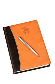 Diary for 2012 year with leather cover and metal pen on table isolated on white background