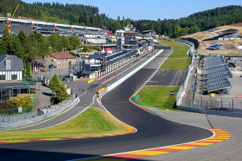 View from 40 metres high hilltop above the steep Raidillon driveway on the dangerous Eau Rouge bend of the Spa Francorchamps racetrack