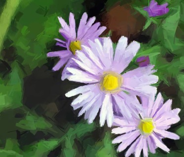 Digital painting with purple flowers over green