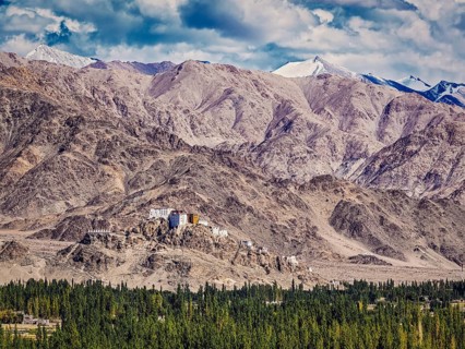 Vintage retro effect filtered hipster style image of Thiksey gompa and Himalayas. Ladakh
