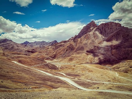 Vintage retro effect filtered hipster style image of famous Manali-Leh high altitude road road to Ladakh in Indian Himalayas. Ladakh