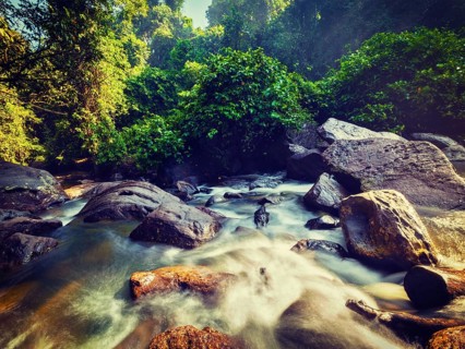 Vintage retro effect filtered hipster style image of tropical waterfall Phnom Kulen