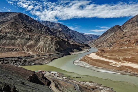 Confluence of Indus and Zanskar Rivers in Himalayas. Indus valley