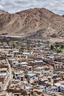 Aerial view of Leh town in Himalayas from above. Ladakh