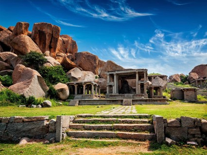 Tourist indian landmark Ancient ruins in Hampi. Hampi Bazaar