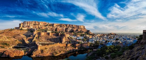 Panorama of Mehrangarh Fort and Padamsar Talab and Ranisar Talab lakes