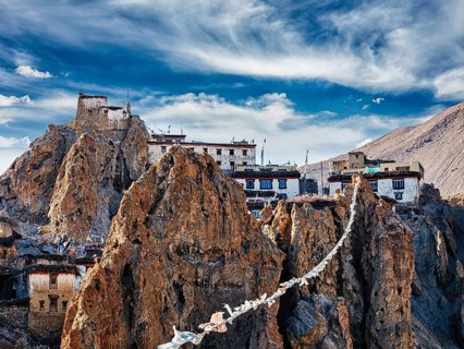 Dhankar gompa Tibetan Buddhist monastery and prayer flags lungta. Dhankar