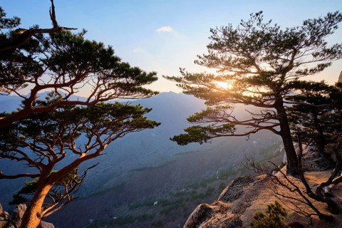 View of stones and rock formations from Ulsanbawi rock peak on sunset. Seoraksan National Park