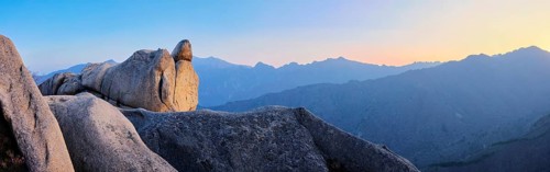 View of stones and rock formations from Ulsanbawi rock peak on sunset. Seoraksan National Park