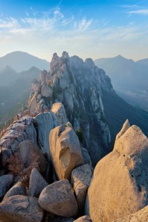 View of stones and rock formations from Ulsanbawi rock peak on sunset. Seoraksan National Park