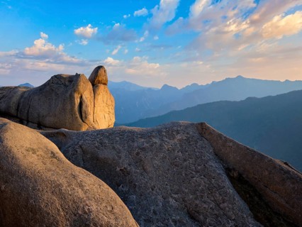 View of stones and rock formations from Ulsanbawi rock peak on sunset. Seoraksan National Park