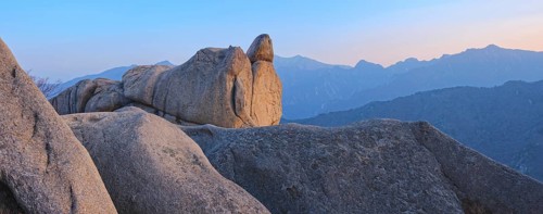 View of stones and rock formations from Ulsanbawi rock peak on sunset. Seoraksan National Park