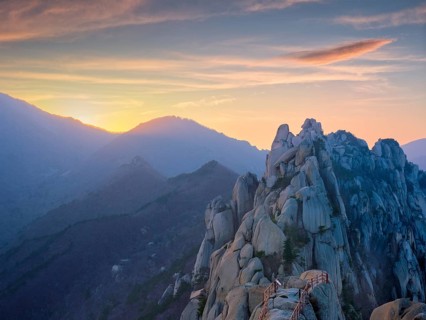 View of stones and rock formations from Ulsanbawi rock peak on sunset. Seoraksan National Park