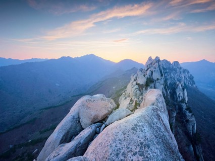 View of stones and rock formations from Ulsanbawi rock peak on sunset. Seoraksan National Park