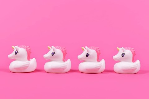 Four cute rubber duck unicorn in a row on pink background