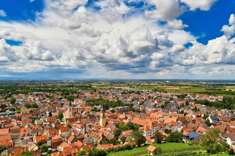 Small old city called Schriesheim viewed from Odenwald forest in Germany
