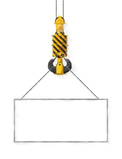 Watercolor style drawing of a crane hook with empty sign over white background