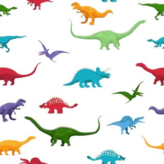 Vector cartoon seamless pattern with dinosaurus over white