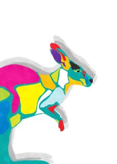 Watercolor style drawing of a colored kangaroo against white background
