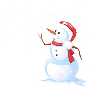 Watercolor style drawing of a smiling snow man against white background