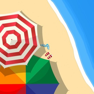 Summer day at the beach composition with umbrellas and slippers