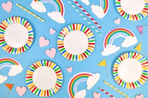 Party flat lay with colorful plates
