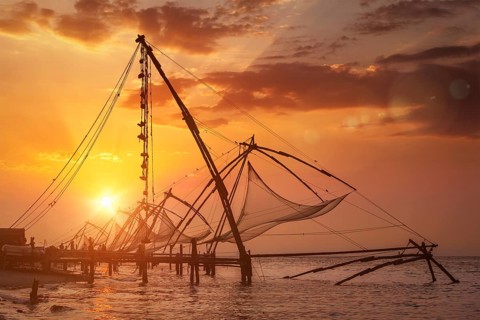 Kochi chinese fishnets on sunset. Fort Kochin