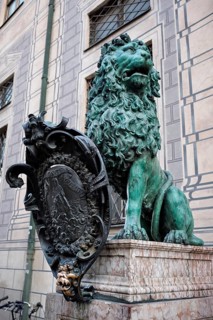 Bavarian lion statue at Munich Alte Residenz palace in Odeonplatz. Munich