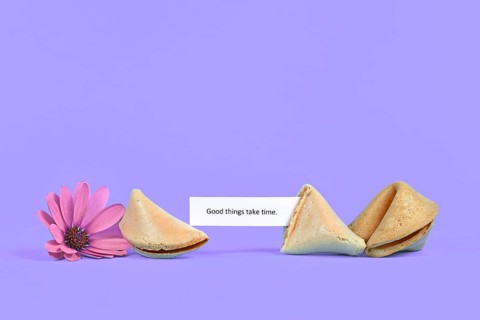 Motivational text 'Good things take time' next to fortune cookie and flower on purple background