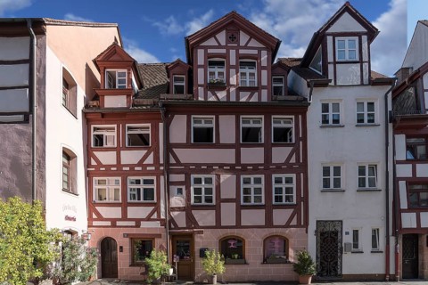 Historic half-timbered houses with dormer windows