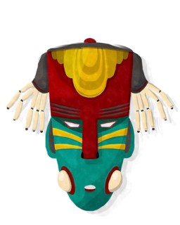 Watercolor style drawing of a tribal mask against white background