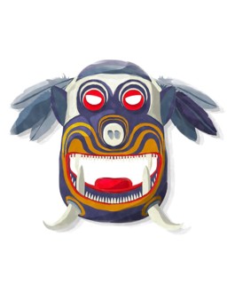 Watercolor style drawing of a tribal mask against white background