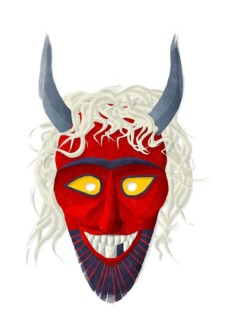 Watercolor style drawing of a Buso mask over white background