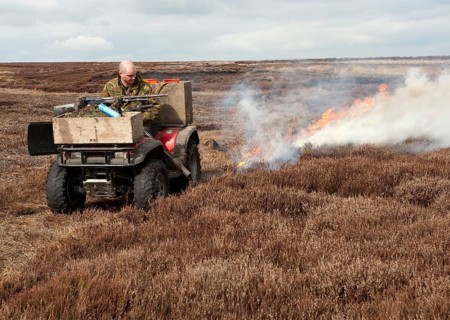 Gamekeepers burning heather on moorland to encourage new growth for grouse
