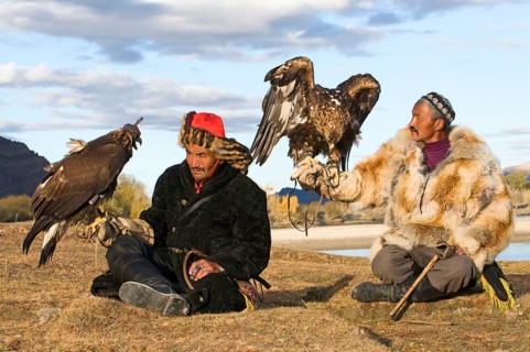 Kazakh hunters with Golden Eagles