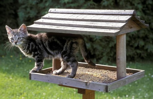 Domestic cat at bird house