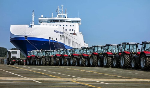 Tractors from Volvo Trucks' assembly plant waiting to be loaded onto the roll-on/roll-off/roo-ship at the seaport of Ghent